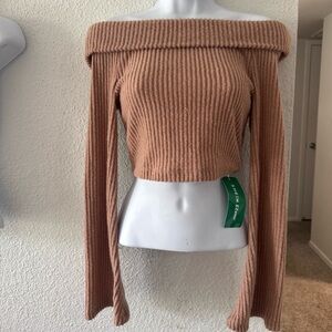 Off-Shoulder Ribbed Sweater - Tan